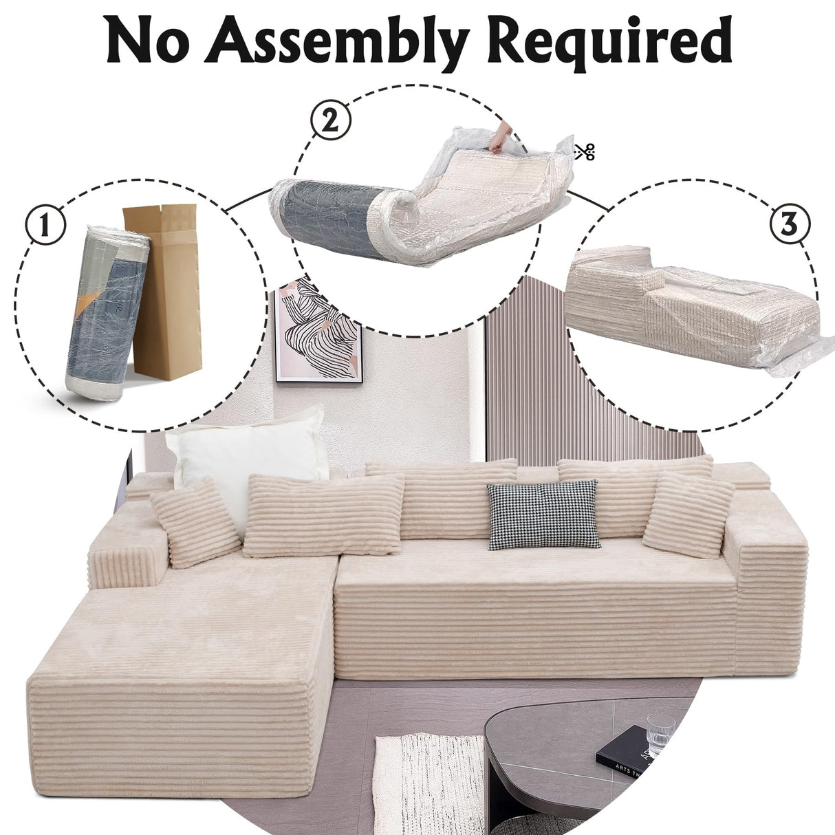 Boneless Modular Sectional Sofa, Cloud Couch with Left Facing Chaise, Oversized Deep Seat, L-Shaped, Soft Corduroy Fabric, Sectional Couch for Living Room -Beige NMXUXMN