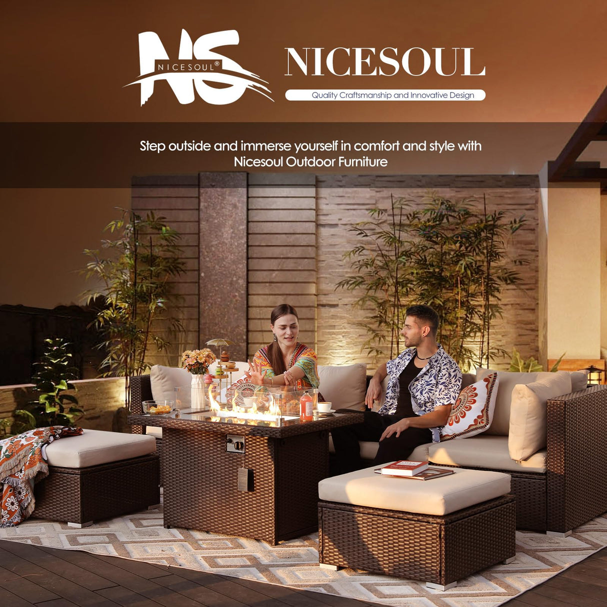 NICESOUL 6 Piece Patio Furniture Set with Firepit, 29.3'' High-Back Outdoor Sectional with Fireplace Natural Gas Propane Convertible, Comfy Deep Wide Seating Conversations for Outside, Brown NICESOUL
