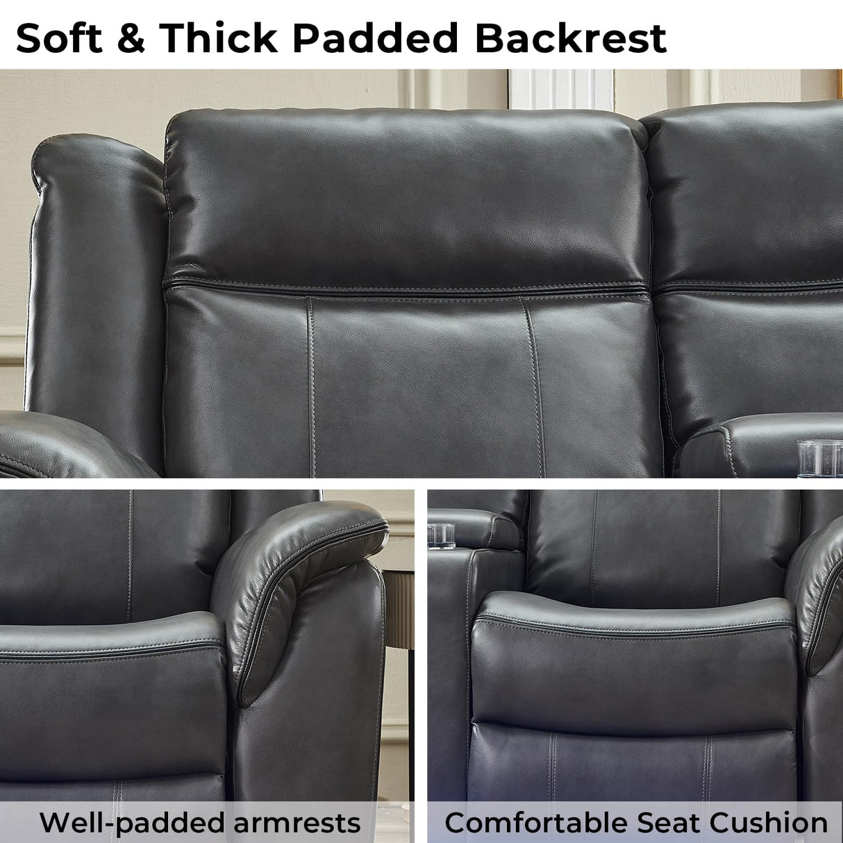 Power Recliner Sectional Sofa Couches with LED Lights for Living Room, Faux Leather Wall Hugger Reclining Corner Couch Sets with 2 Home Theater Seat, USB Charger, Cup Holder, Storage Console, Grey Comfort Stretch