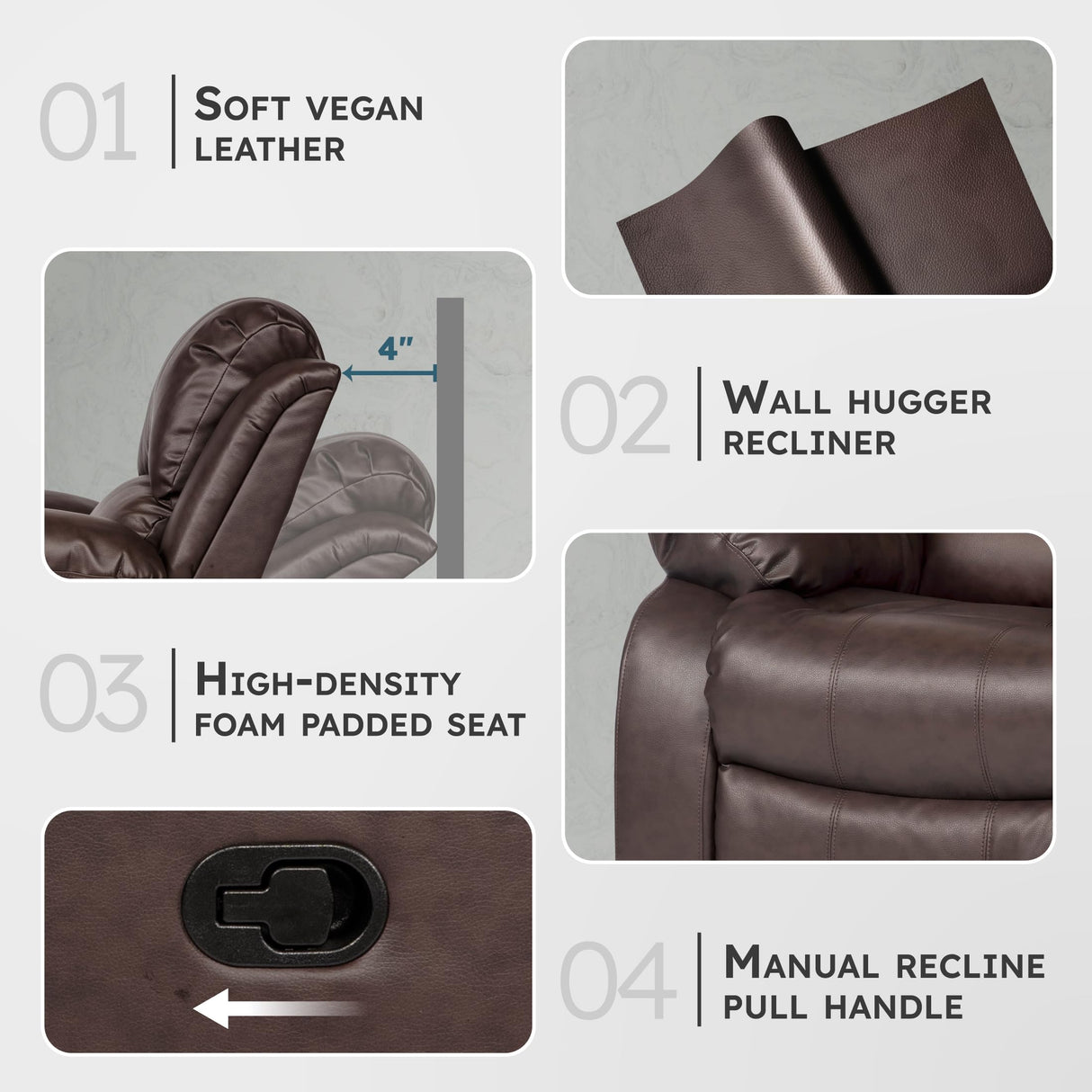 Lexicon Humphreys Faux Leather Wall Hugger Recliner Chair for Living Room, Office, RV - High-Density Foam, Sturdy Solid Wood Frame - Chairs Living Room, Recliners for Small Spaces - Brown Lexicon