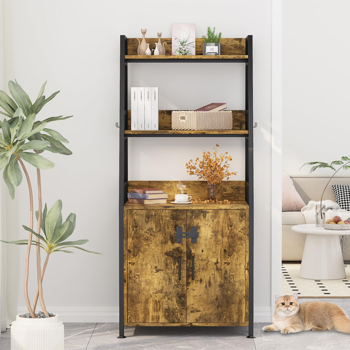 Katrawu Litter Box Enclosure with Shelves, Hidden Cat Enclosure Furniture,2-in-1 Tall Cat Litter Box Cabinet,Cat Washroom with Free Cat Scratch Pad,Rustic Brown 52in H Katrawu