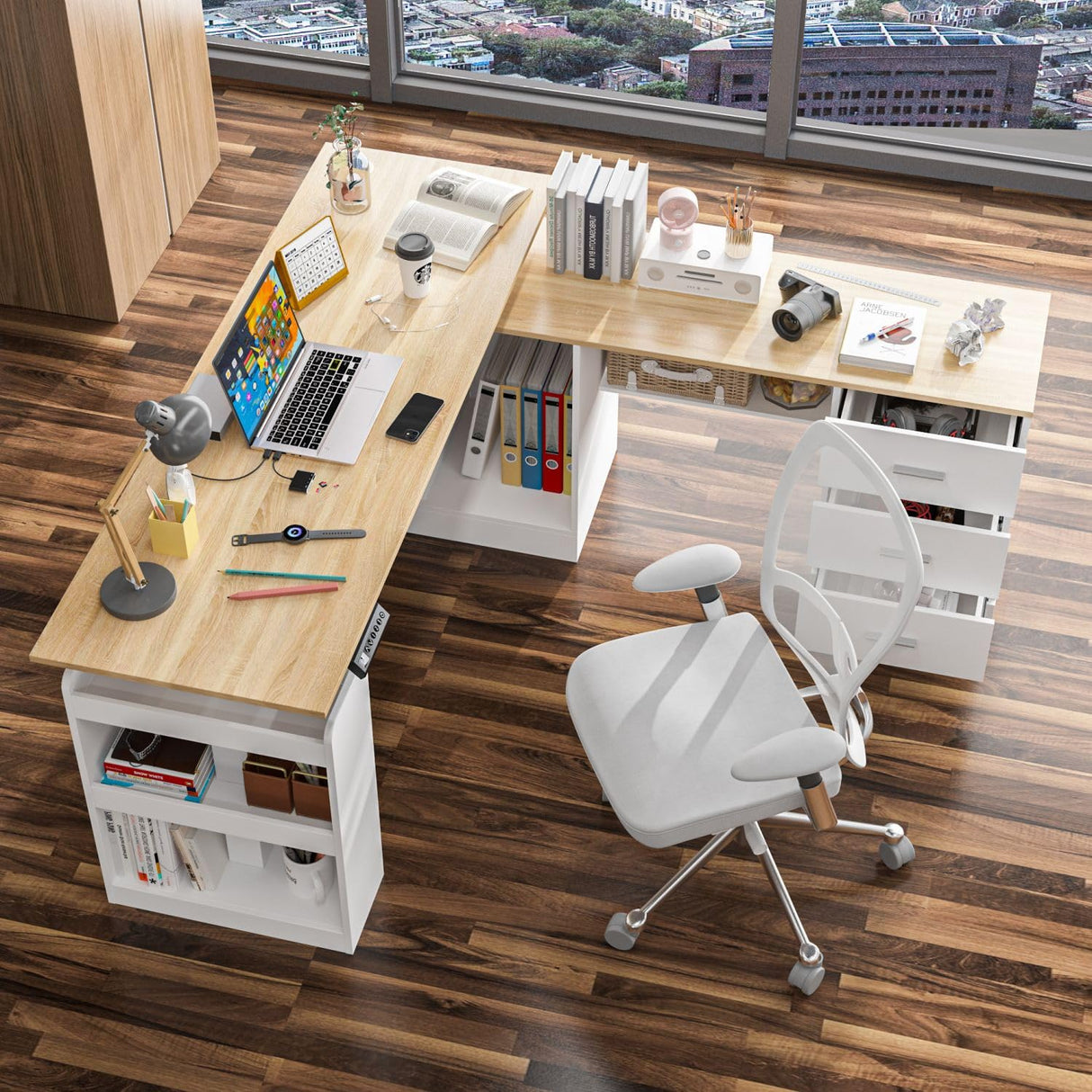 MOUMON L Shaped Standing Desk with Drawers and Shelves, Executive Desk Adjustable Height Desk, L-Shaped Design, 63 inch Tabletop, for Office Bedroom Oak and White (63”W x 63”D x 28.5-45.3”H) MOUMON
