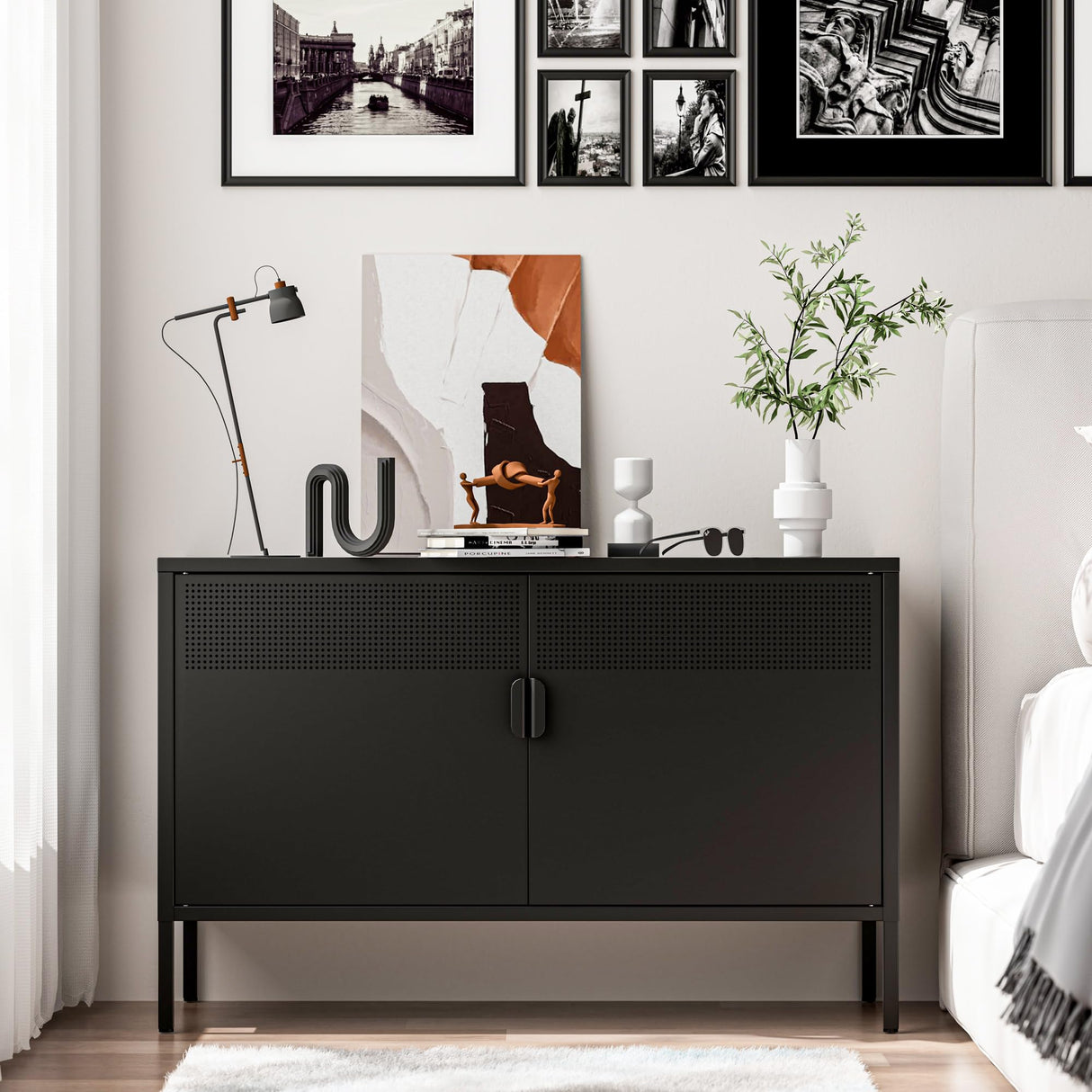 Washsemba 2 Door Storage Sideboard, Metal Storage Cabinet with 2 Adjustable Shelf,Multipurpose Metal Accent Cabinet for Office Home,Music Studio (Black, 25''H) Washsemba