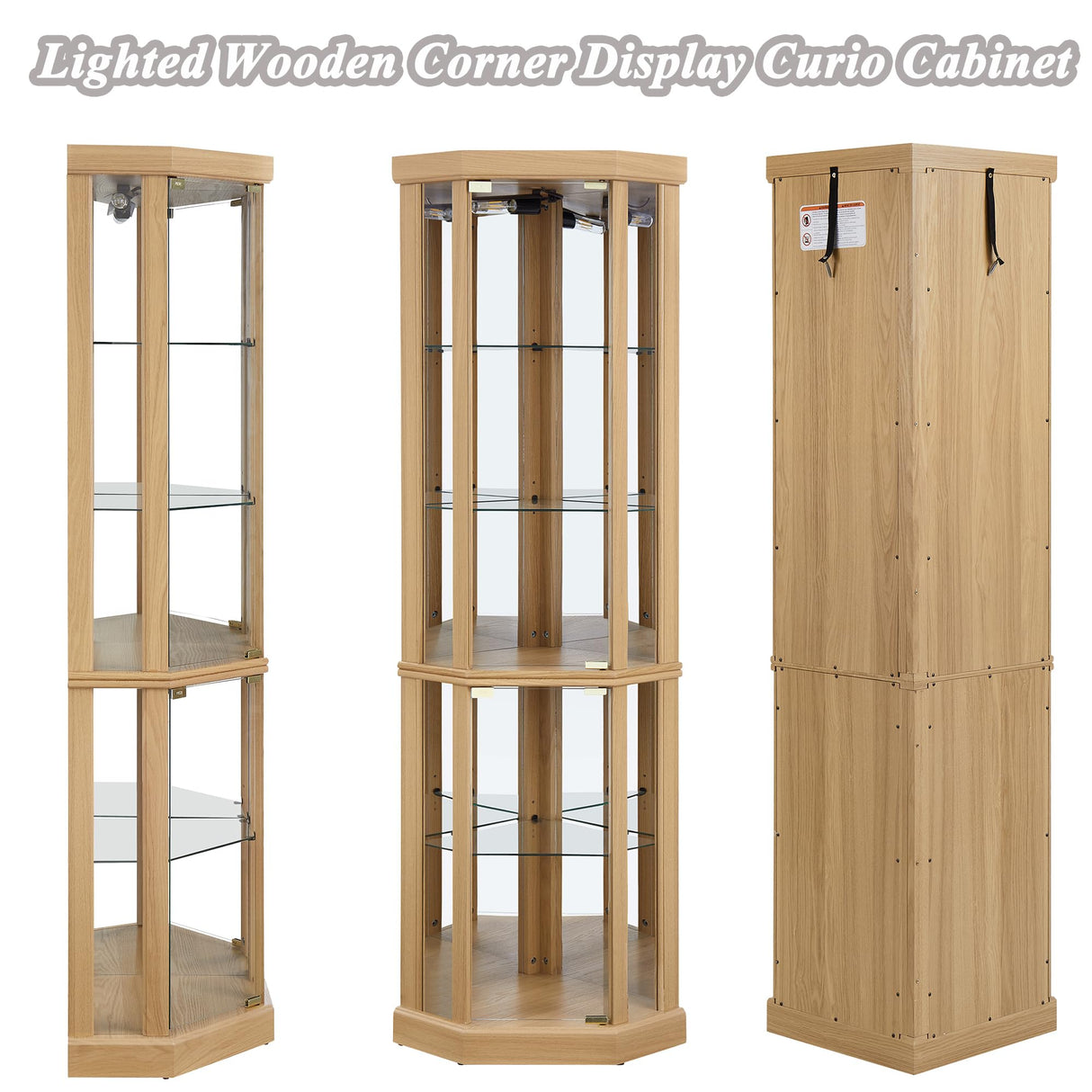 XZTUAJ 69" H Lighted Curio Cabinet - Corner Display Case with Adjustable Shelves and Tempered Glass, Wooden Cabinet with Mirrored Back Pane for Living Room (Light Oak) XZTUAJ