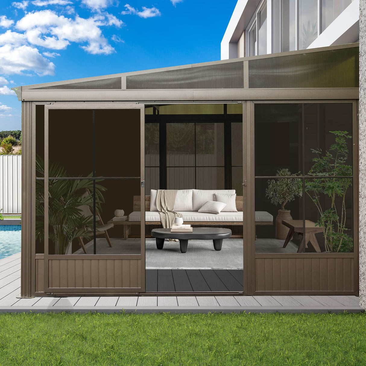 Domi Lean-to Sunroom 12x14FT, Wall Mounted Solarium with Galvanized Steel Sloping Roof, Moveable PVC Screen, Front Door&Side Sliding Door, Aluminum Gazebo Against Wall Sun Room for Patio Deck domi outdoor living