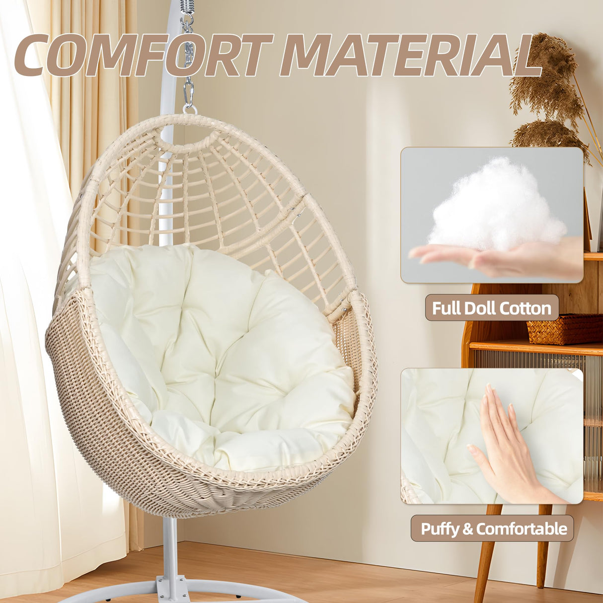 TWT Egg Chair Indoor Outdoor Patio Wicker Hanging Egg Chair Swing Egg Basket Chairs with Stand UV Resistant Cushions 350lbs Capacity for Patio Bedroom Balcony Xmas Gift Beige TWT
