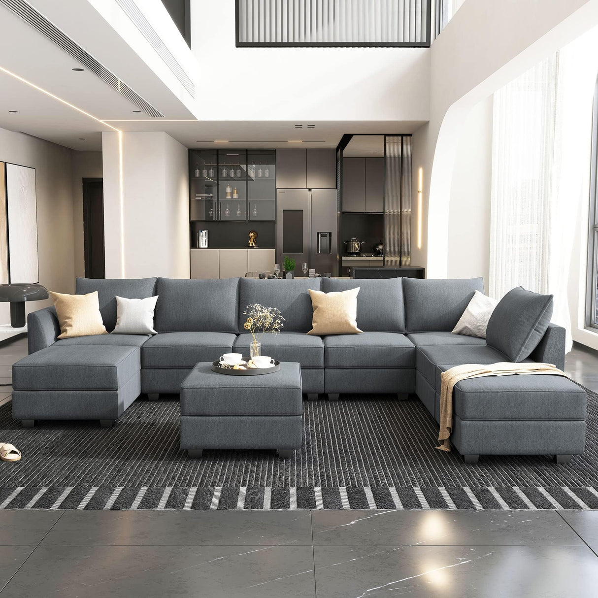 HONBAY Modular Sectional Sofa with Storage Reversible Sectional Modular Sofa Couch with Ottomans U Shaped Sectional Couch for Living Room, Bluish Grey HONBAY