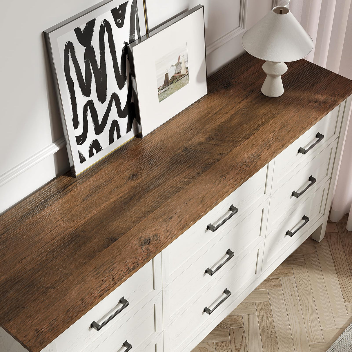 BAZELOR Farmhouse 9 Drawers Dresser for Bedroom, Modern Dresser with Metal Handle, Natural Texture, Wood Rustic Chest of Drawers for Bedroom,Living Room,Hallway and Entryway, Antique White BAZELOR