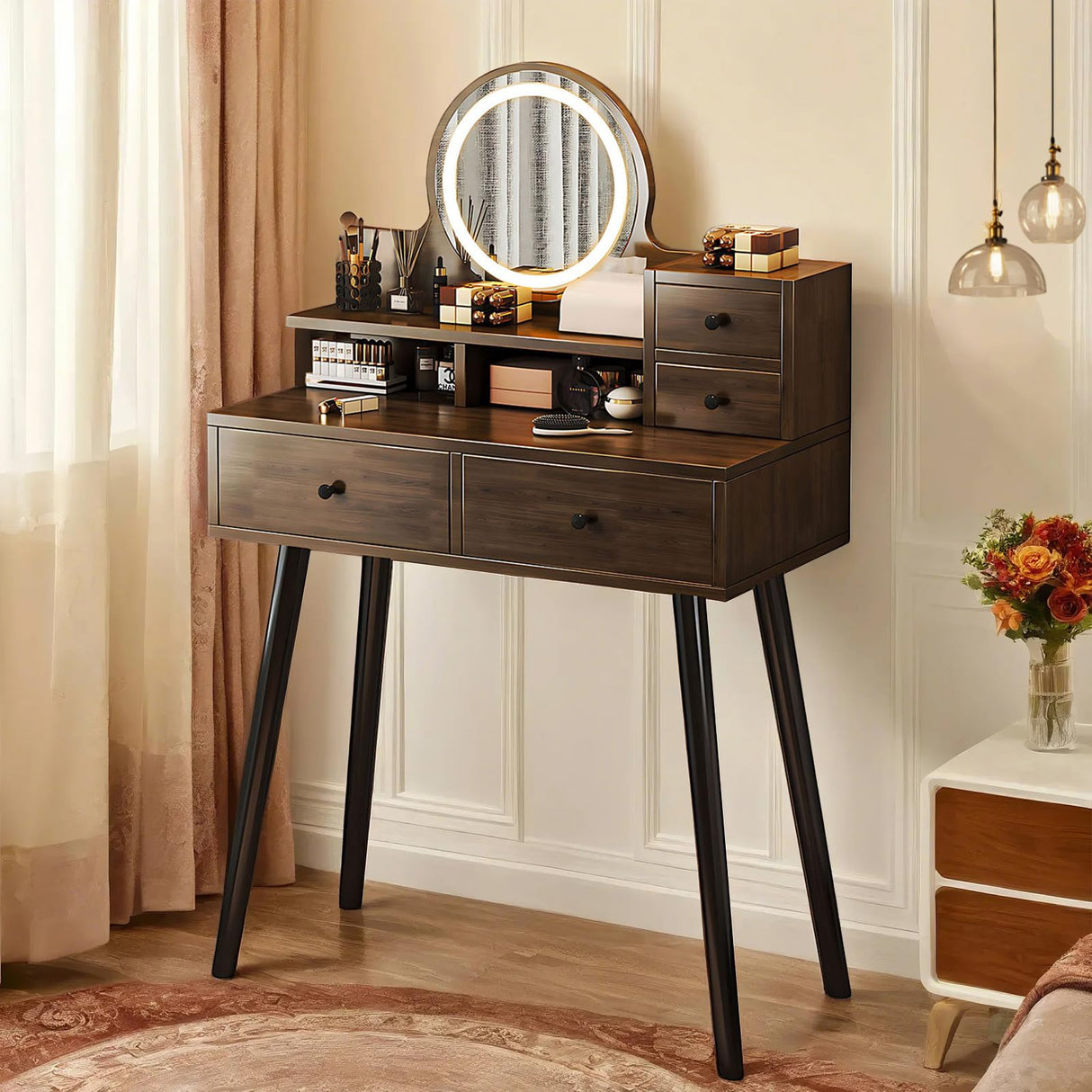 EOQIFJM Small Vanity Desk Set with Mirror and Lights, Makup Table with Chargin & 4 Storage Drawers,Station for Compact Space Bedroom (Brown) EOQIFJM