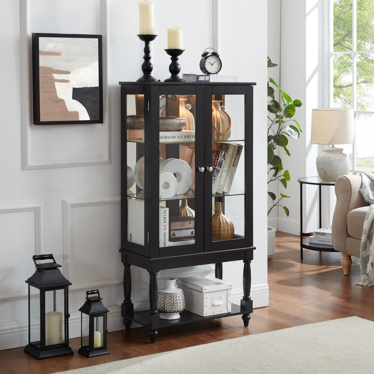 Star20XX Curio Cabinet Lighted, Curio Diapaly Cabinet with 3 Tier Open Storage Space, Solid Wood Legs and Adjustable Shelves, Acrylic Mirrored Back Panel, Tempered Glass Doors (Black) Star20XX