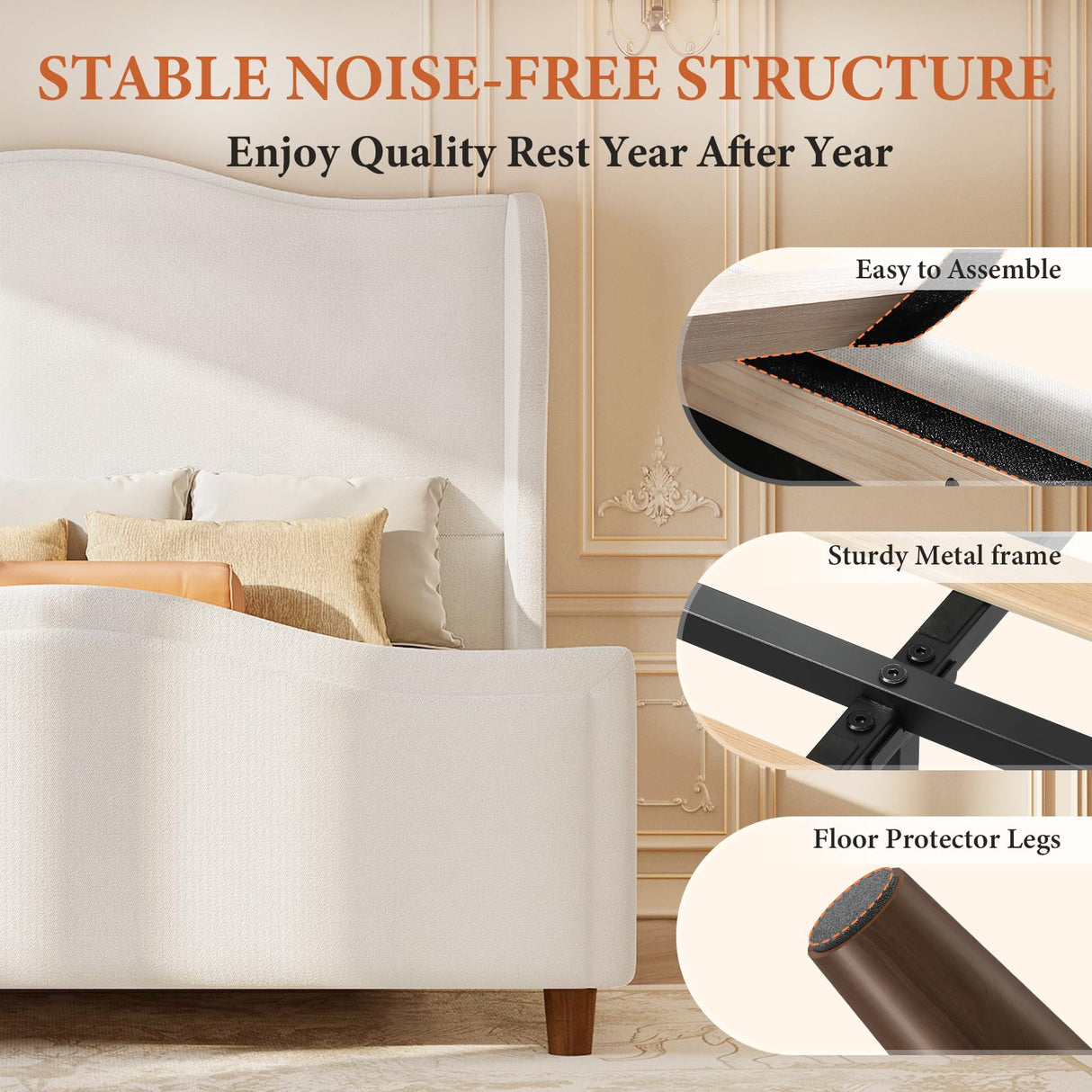 koorlian Queen Bed Frame Chenille Upholstered Platform Bed with Headboard and Footboard, 51" High Deep Tufted Wingback Sleigh Upholstered Bed, Modern Retro Minimalist Style, Easy Assembly, Cream koorlian