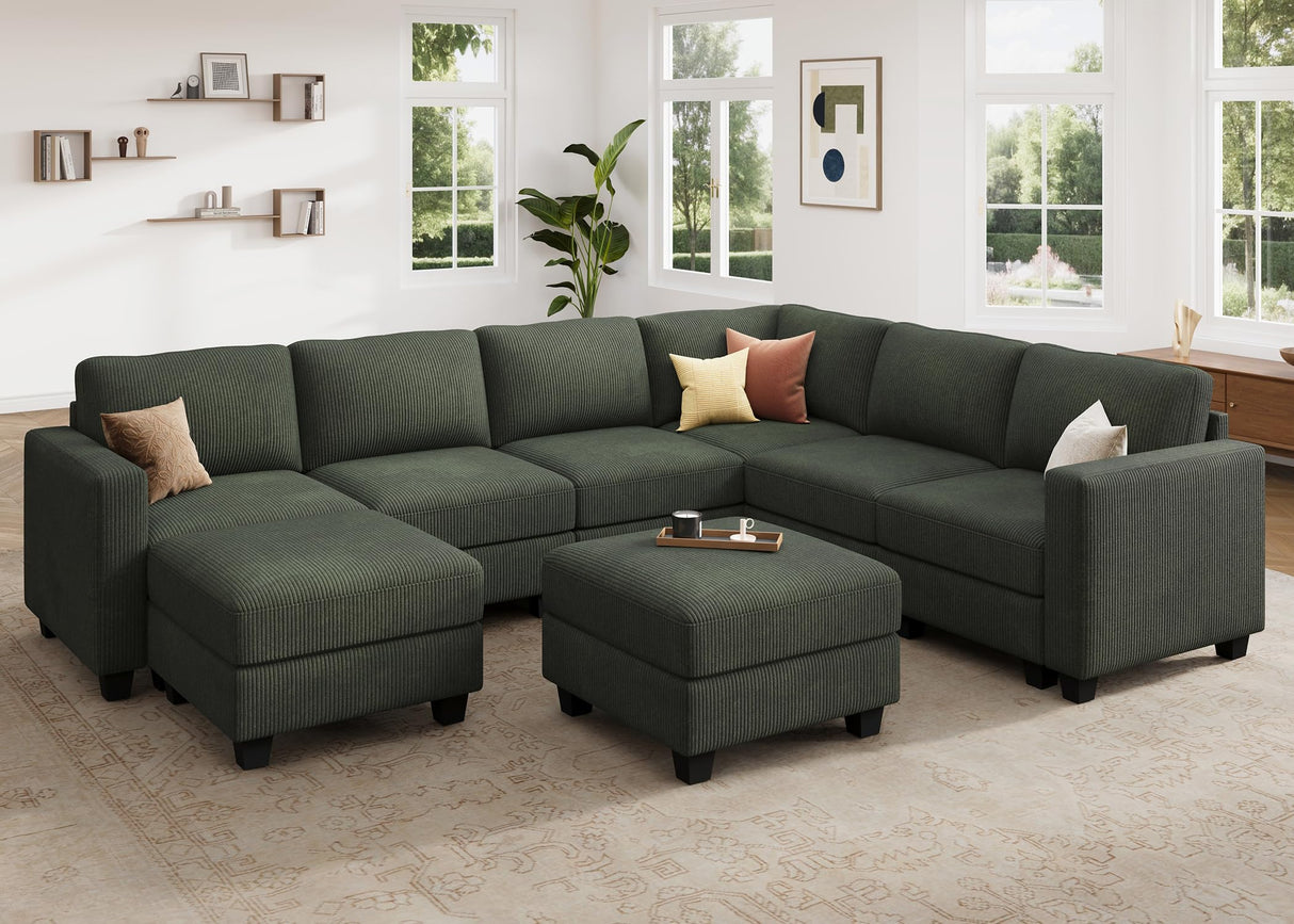 HONBAY Corduroy Sectional Couch with Storage U Shaped Sectional Sofa Modular Sectional Couches for Living Room, Green HONBAY