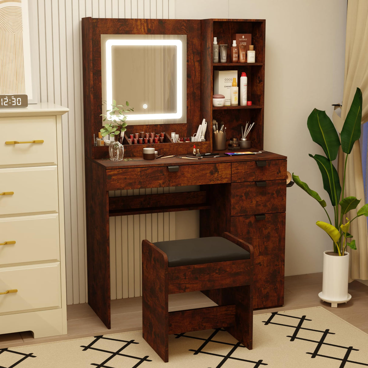 NEDYO Vanity with Mirror and Lights, Makeup Vanity Table Set, Dressing Table, Small Wood Vanity with Chair, Touch-Sensitive Dimmable Mirror, Shelves and Drawers. Industrial Style Vintage Brown NEDYO