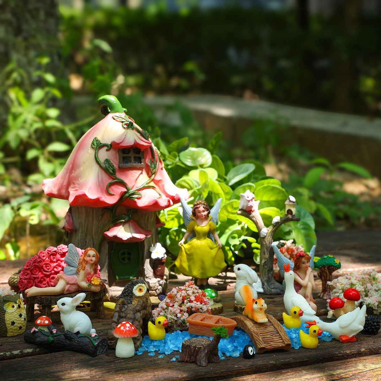 93 Pcs Fairy Garden House Resin Accessories Fairy Elves Kit Miniature Fairy Figurines Ornaments Animals Decor Outdoor for DIY Dollhouse HIYZI