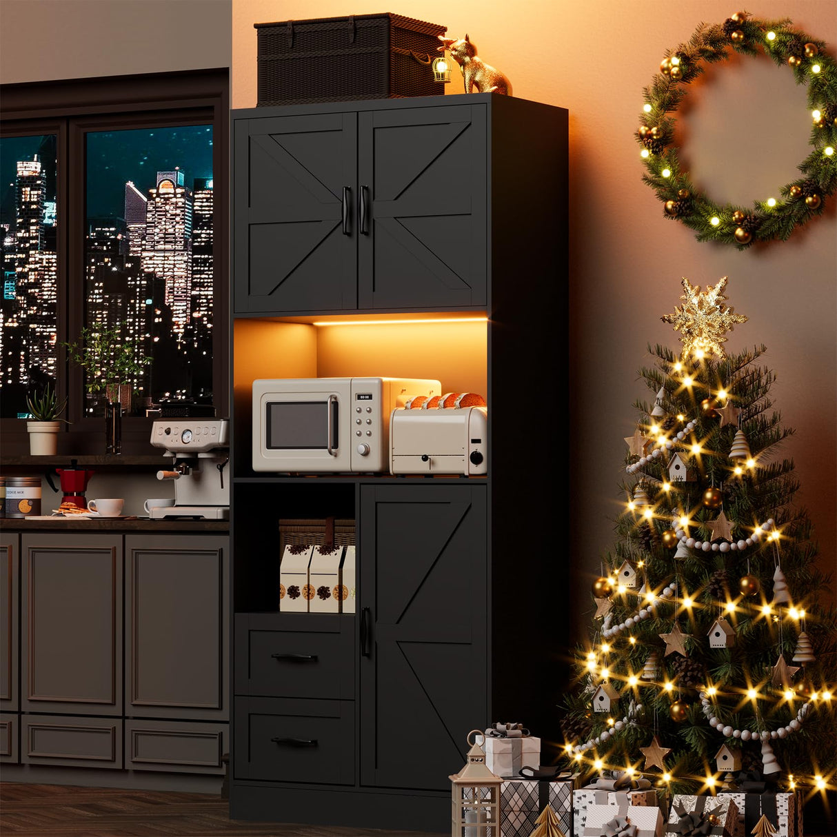 Frmobepts Kitchen Pantry Storage Cabinet with LED Lights and Power Strip, Tall Farmhouse Kitchen Pantry with Barn Doors and Drawers, Adjustable Shelves for Dining Living Room (Black) Frmobepts