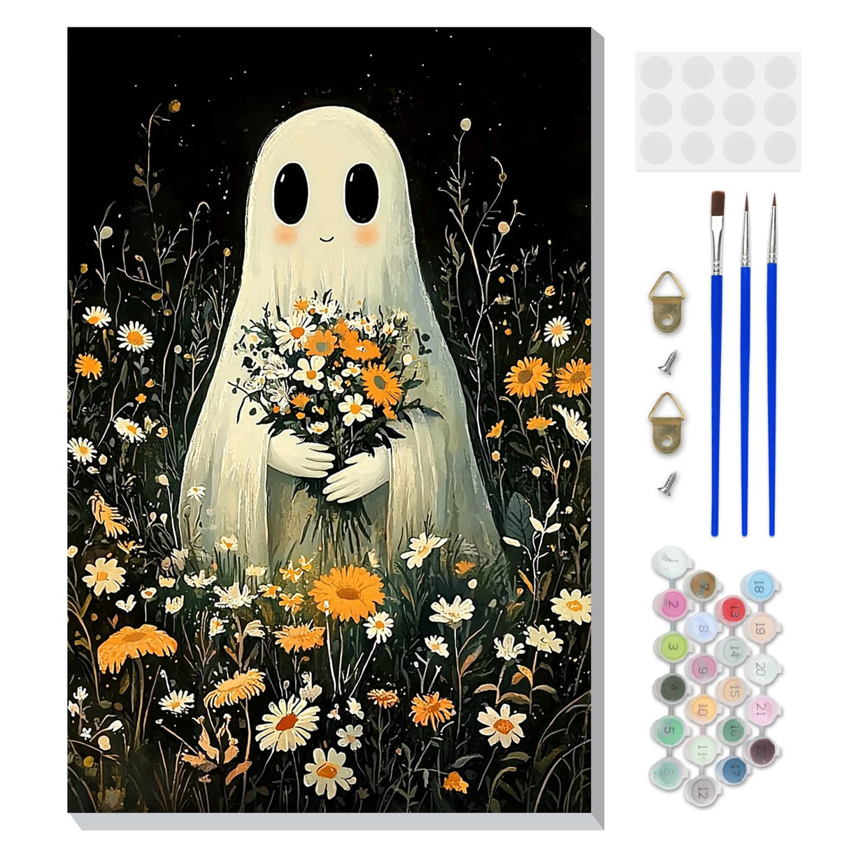 DOMROM Framed Paint by Numbers Kit for Adults Beginners with Wooden Easel, Halloween Ghost Paint by Number Kit on Canvas, DIY Oil Painting Kits for Home Wall Decor Gift 8x12in DOMROM