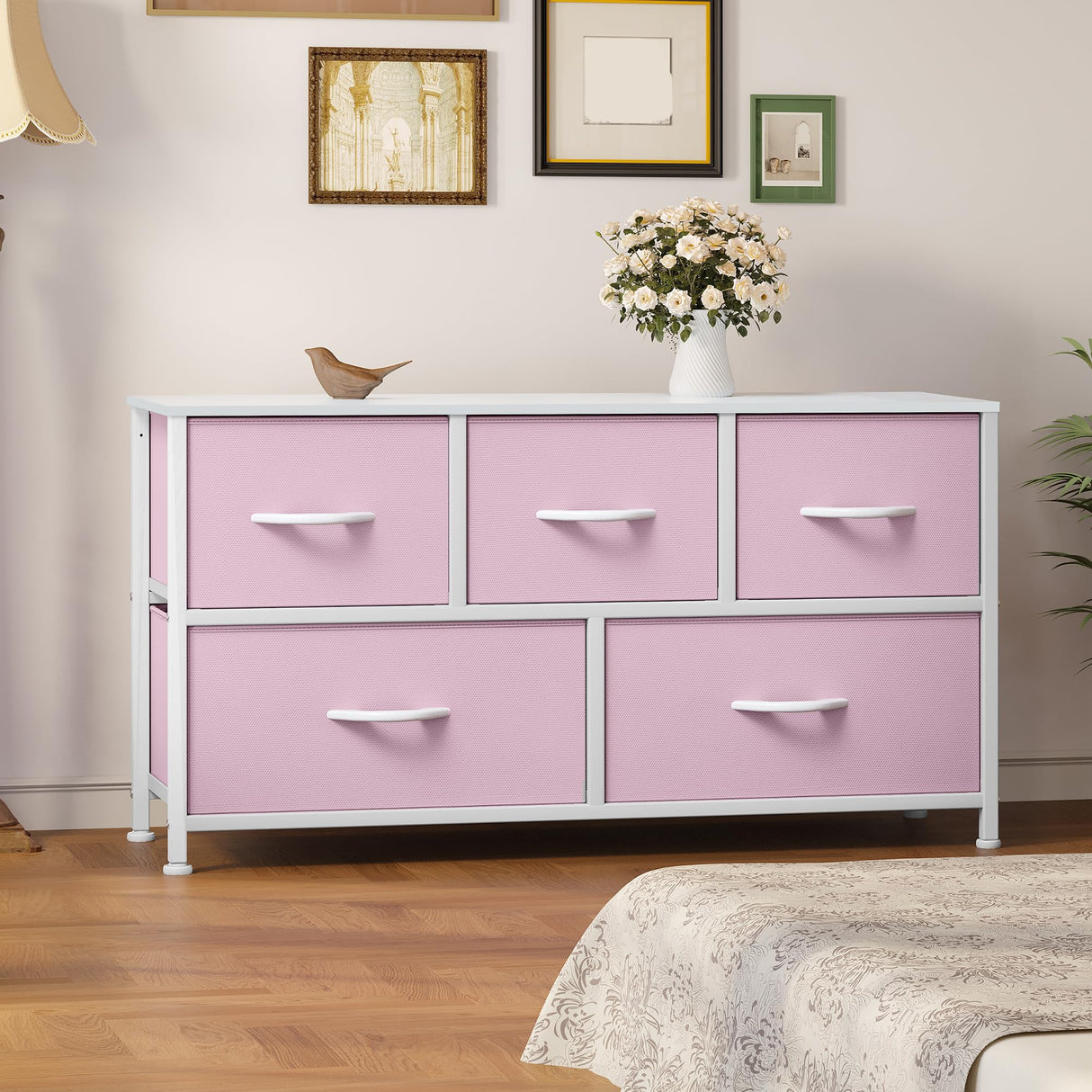 YITAHOME Wide Storage Tower with 5 Drawers - Fabric Dresser, Organizer Unit for Bedroom, Living Room, Closets & Nursery - Sturdy Steel Frame, Easy Pull Fabric Bins & Wooden Top (Pink) YITAHOME