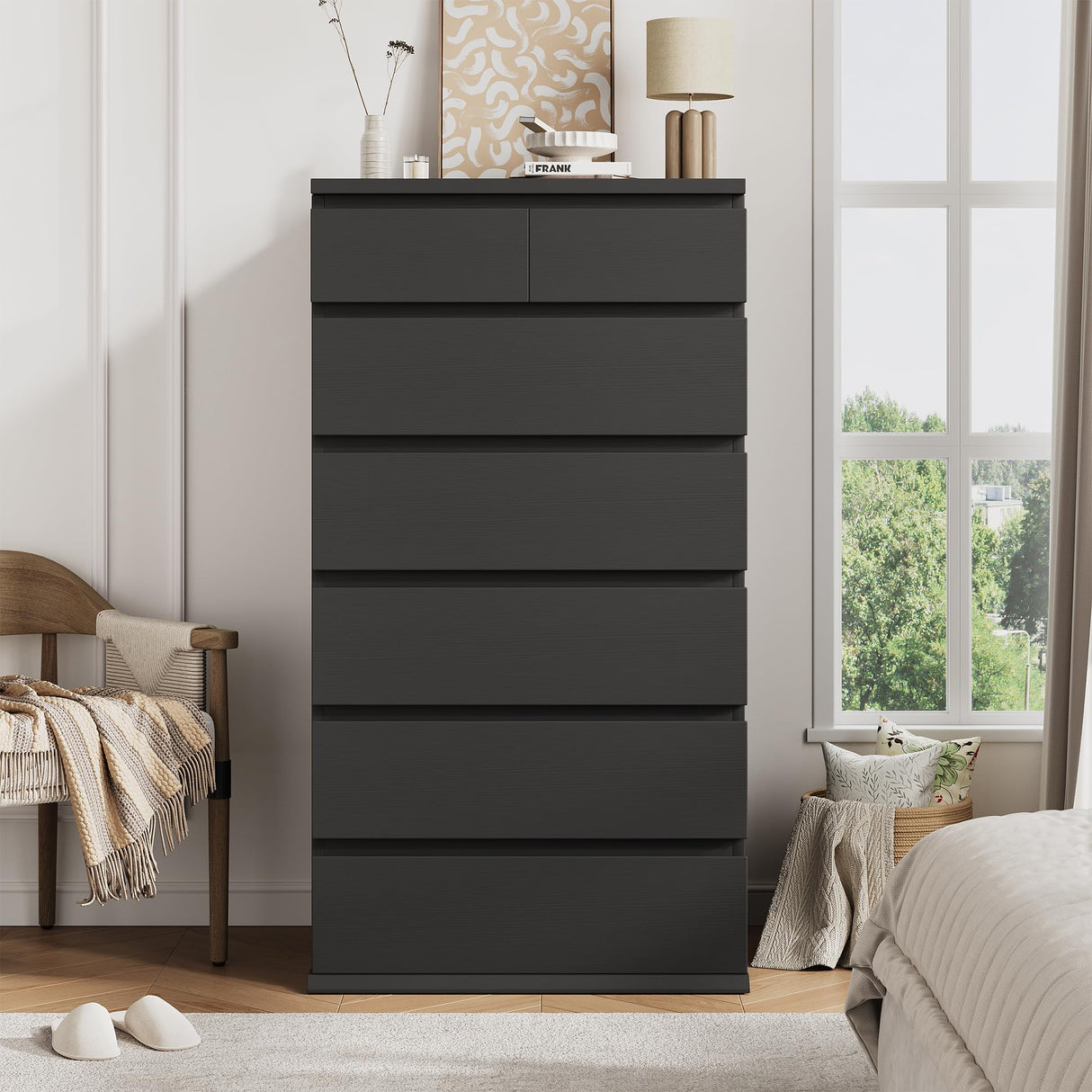 Black Tall 7 Drawer Dresser for Bedroom, Modern Wood Closet Dressers & Chests of Drawers with Jewelry Storage, 23.6" L*15.8" W*47.5" H in Large Vertical Dresser for Bedroom, Living Room, Nursery Jocoevol