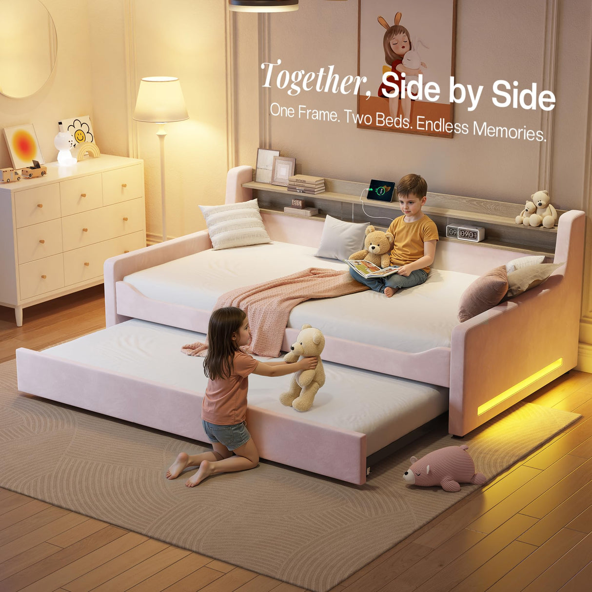 Jocisland Twin Daybed with Trundle, Upholstered Day Bed with Storage Headboard & Charging Station, LED Corner Bed Frame Furniture for Bedroom/Living Room/Guest Room,No Box Spring Needed, Velvet Pink Jocisland