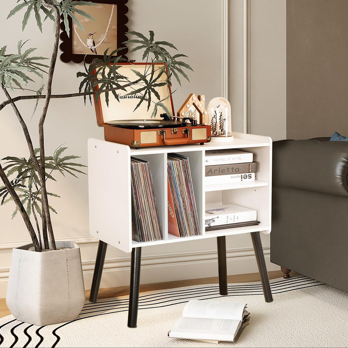 UODERS Record Player Table, Mid-Century Record Player Stand with Vinyl Storage Hold Up to 150+ Albums, Vinyl Record Cabinet with Adjustable Shelves, Wood Turntable Stand for Music Living Room (White) UODERS