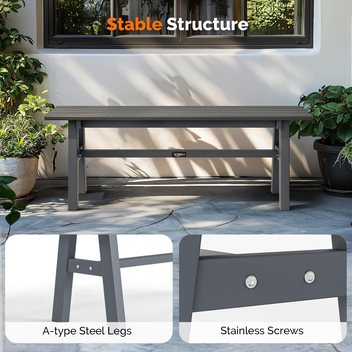 VINGLI 47” Outdoor Bench Garden Bench HDPE Porch Bench w/Metal Legs, Poly Lumber Patio Bench, 660 LBS Capacity Outdoor Backless Bench(Grey) VINGLI