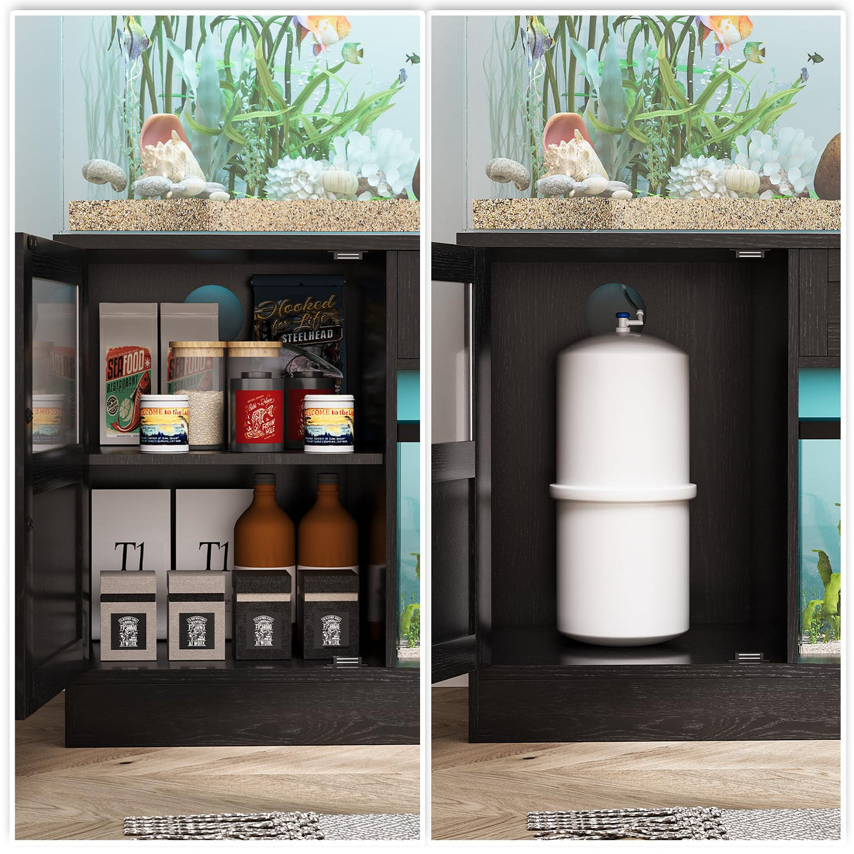 LUMIINOFAMI 55 Gallon Fish Tank Stand, Tank Stand 55-75 Gallon, Aquarium Stand 55 Gallon with Drawer, Reptile Tank Stand with Power Strip and LED Light, Terrarium Stand -1300Lbs LUMIINOFAMI