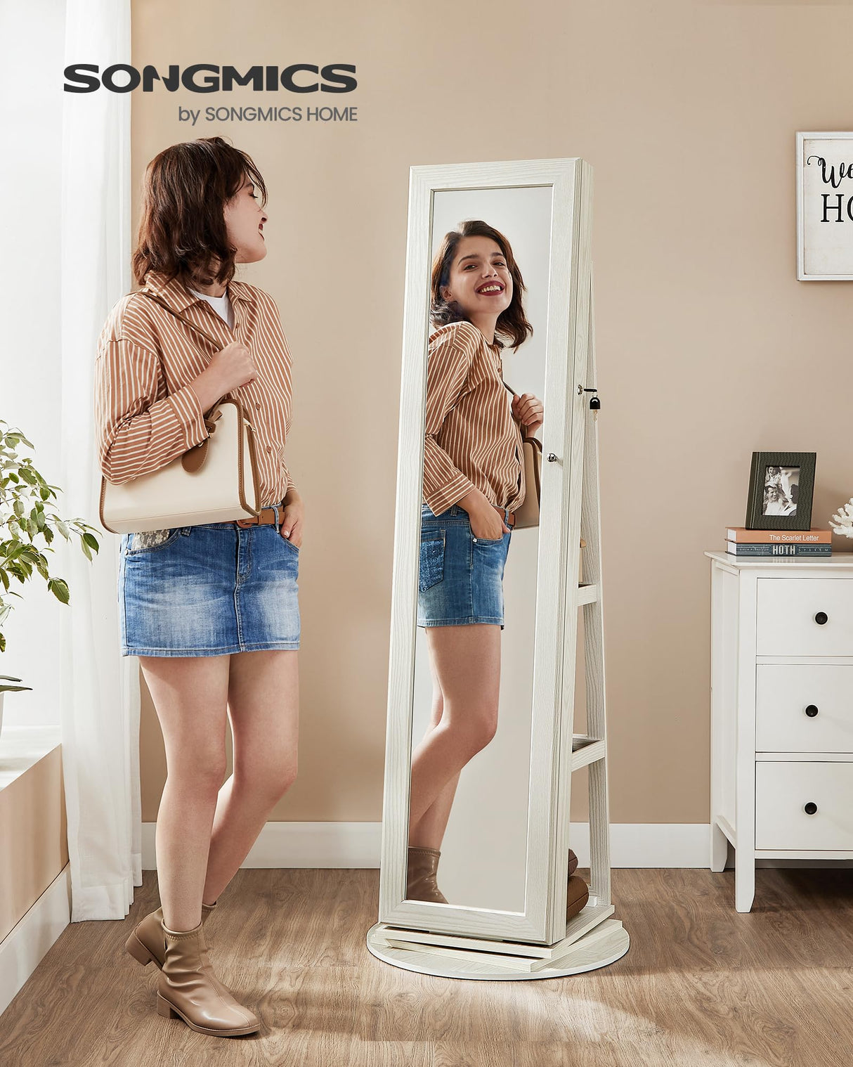 SONGMICS 360° Swivel Jewelry Cabinet, Lockable Jewelry Organizer with Full-Length Mirror, Rear Storage Shelves, Interior Mirror, Jewelry Armoire, Gift Idea, White with Gray Wood Grain UJJC006W01 SONGMICS