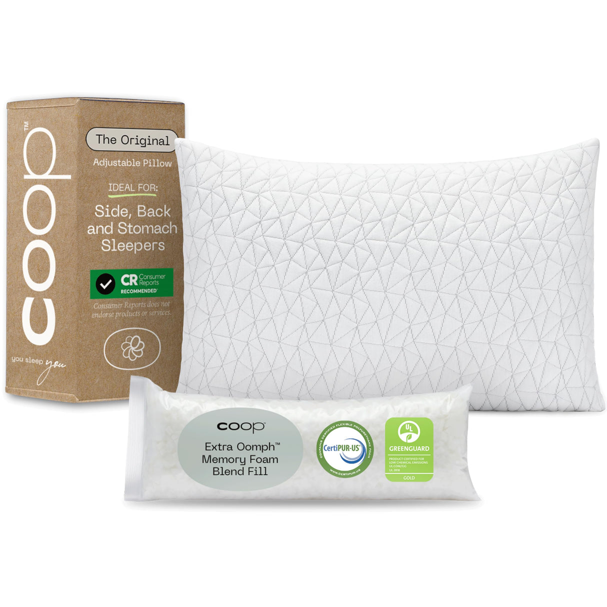 Coop Home Goods Original Adjustable Pillow, Queen Size Bed Pillows for Sleeping, Cross Cut Memory Foam Pillows - Medium Firm Back, Stomach and Side Sleeper Pillow, CertiPUR-US/GREENGUARD Gold Coop Home Goods