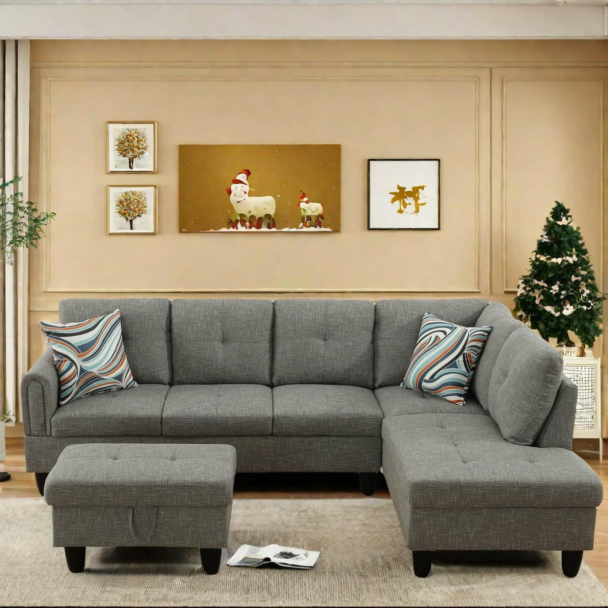 FONTOI L Shaped Sectional Couch with Otttoman, 97" Sectional Sofa for Living Room Flannel Modular Couches with Cup Holders for Bedroom, Apartments, Grey FONTOI