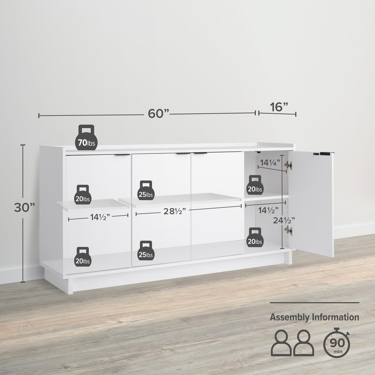 Prepac Simply Modern 4-Door Console Table with Versatile Storage in White Prepac