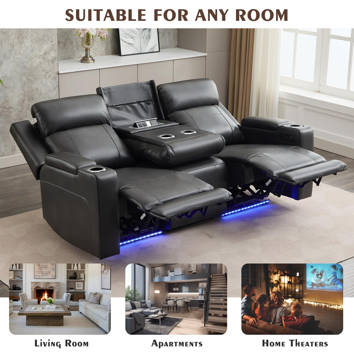 Neptane Power Reclining Sofa with Power Headrest/LED Light, Breathable Leather Electric Reclining Couch with Dual Ports, Storage, Loveseat Recliner Sofa for Living Room,Apartment (Dark Grey, 3 Seater) Neptane