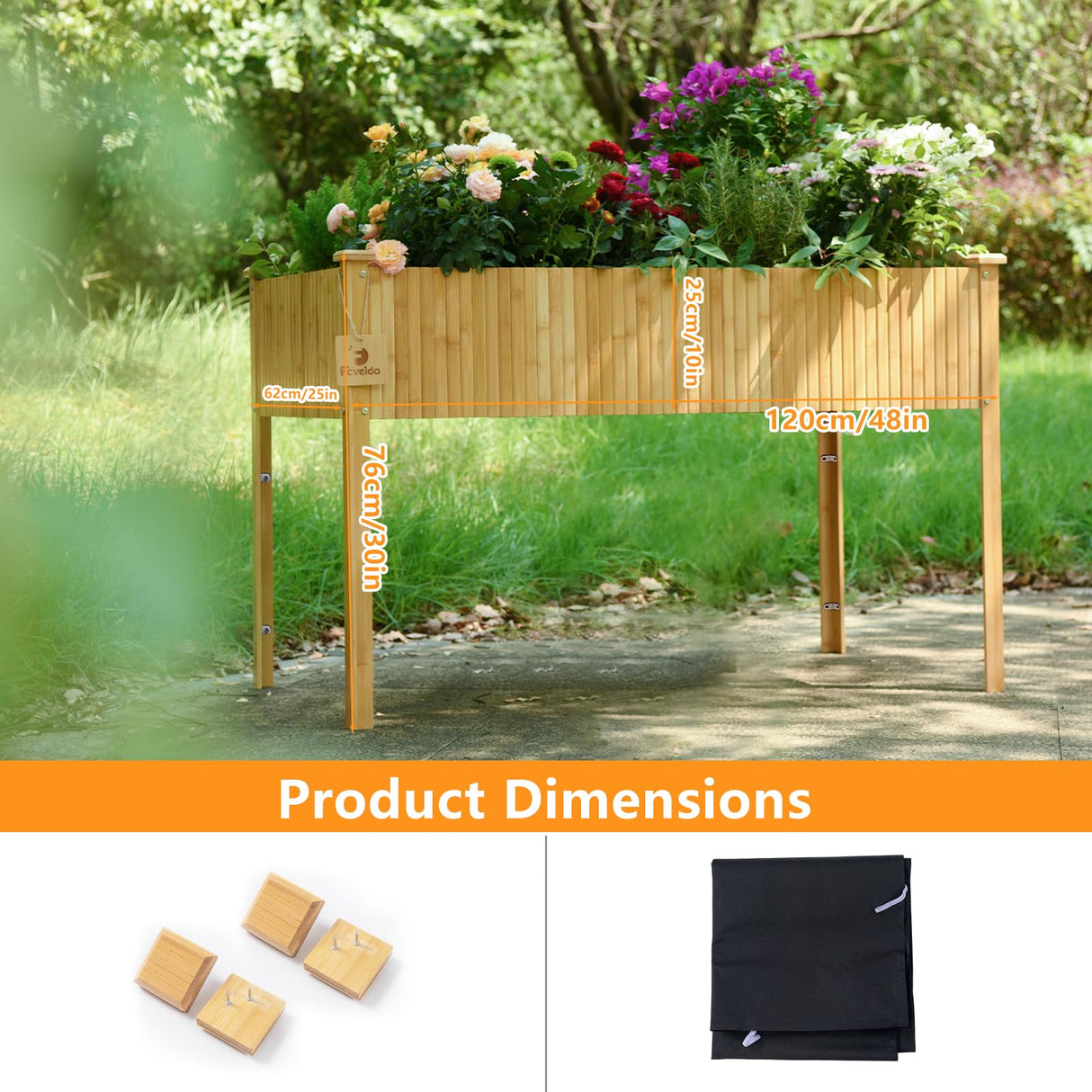 FCVEIDO Bamboo Raised Garden Beds Outdoor, Raised Garden Bed with Legs, Elevated Bamboo Planter Box, Standing Growing Bed for Growing Fresh Herbs, Vegetables, Succulents, Flowers (48x25x30 Inch) FCVEIDO