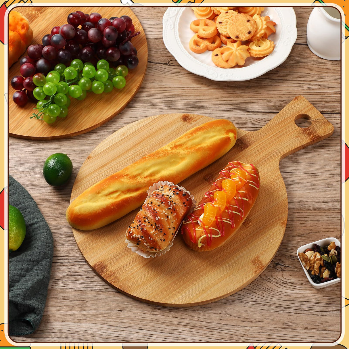 Kigley 10 Pcs Bamboo Cutting Board with Handle 12 Inch Bamboo Wooden Round Cutting Board Pizza Board Kitchen Chopping Boards for Home Baking Pizza Bread Cake Cheese Fruits Vegetables Charcuterie Kigley