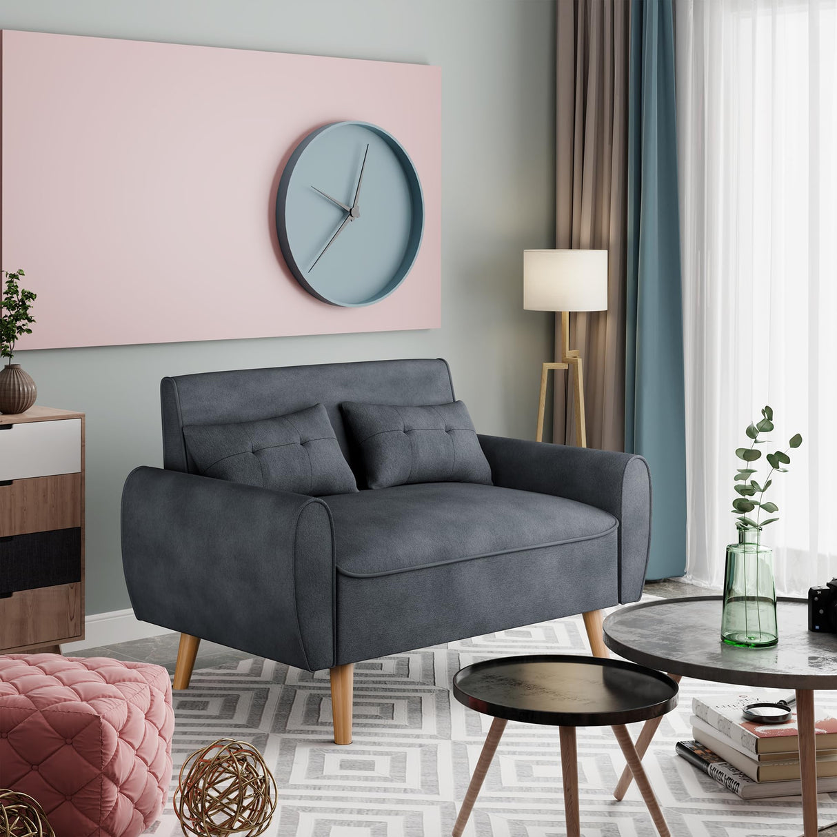 Vongrasig 47" Small Modern Loveseat Sofa, Mid Century Linen Fabric 2-Seat Couch Tufted Love Seat with Back Cushions and Tapered Wood Legs for Living Room, Bedroom and Small Space (Dark Gray) Vongrasig