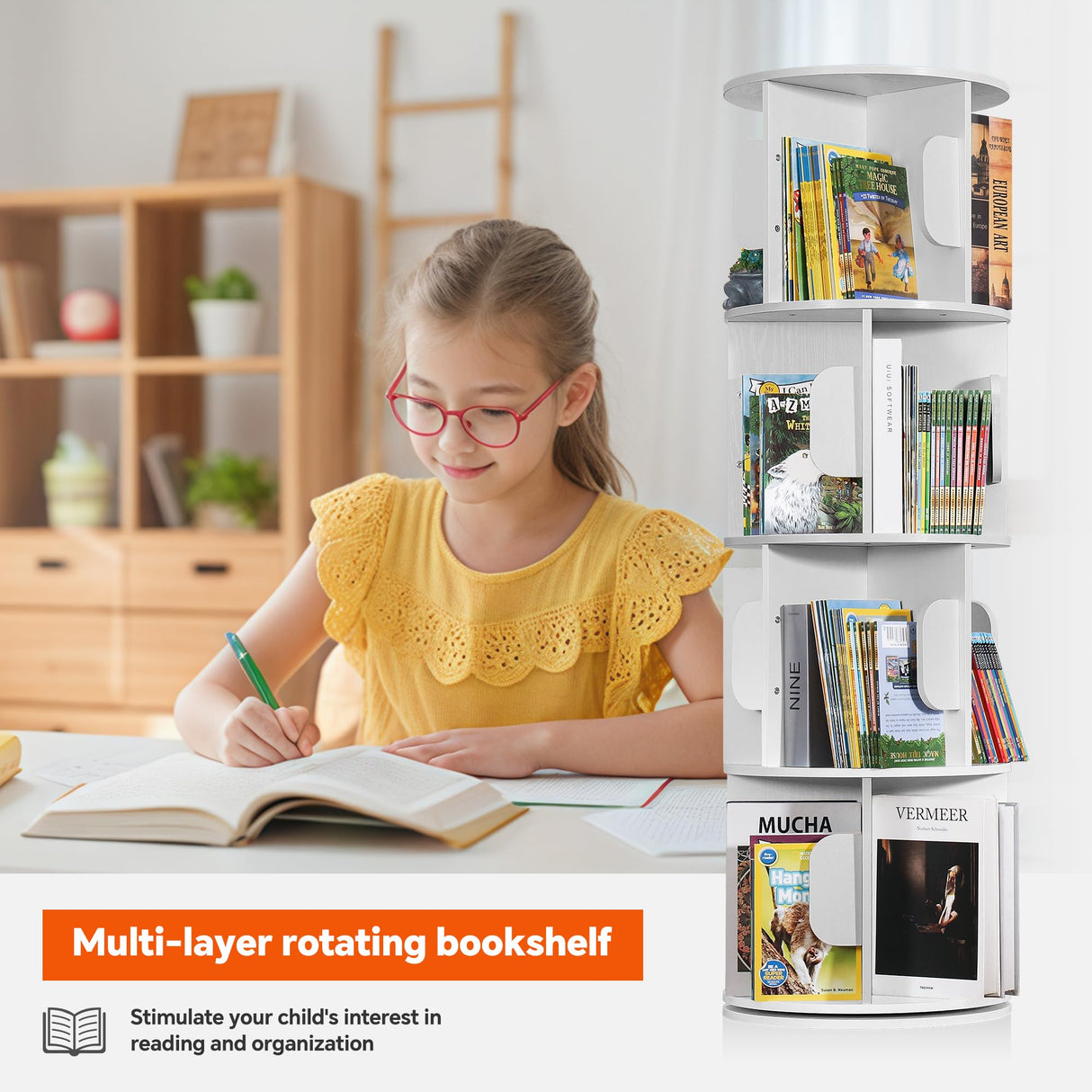 senlin Rotating Bookshelf Tower - Compact Swivel Bookcase for Kids, Corner Storage, Space-Saving Revolving Shelf,White senlin