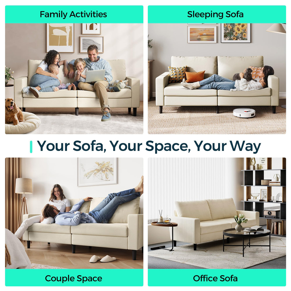 LINSY 79'' Beige Loveseat Sofa - Comfy Couch Corduroy Love Seat Couch with Adjustable Seat Depth Ergonomic Design Modern 2-Seater Soft Sofa for Living Room Bedroom Apartment Office, Beige LINSY