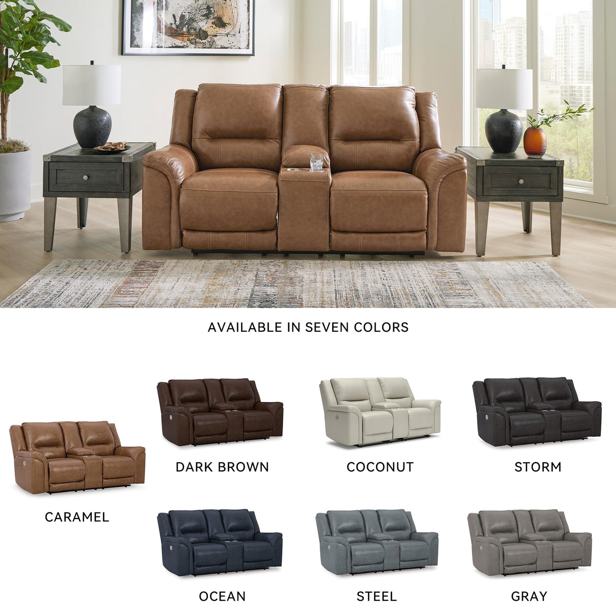 Signature Design by Ashley Trasimeno Contemporary Leather Match Power Reclining Loveseat with Console, Adjustable Headrest and USB Ports, Dark Brown Signature Design by Ashley
