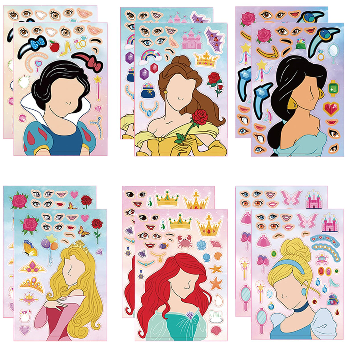 Make Your Own Princess Toys Stickers Sheet, 12 Pcs Make a Face Stickers for Kids, Themed Princess Birthday Party Favors Kids Crafts Party Supplies MaoMaoCha