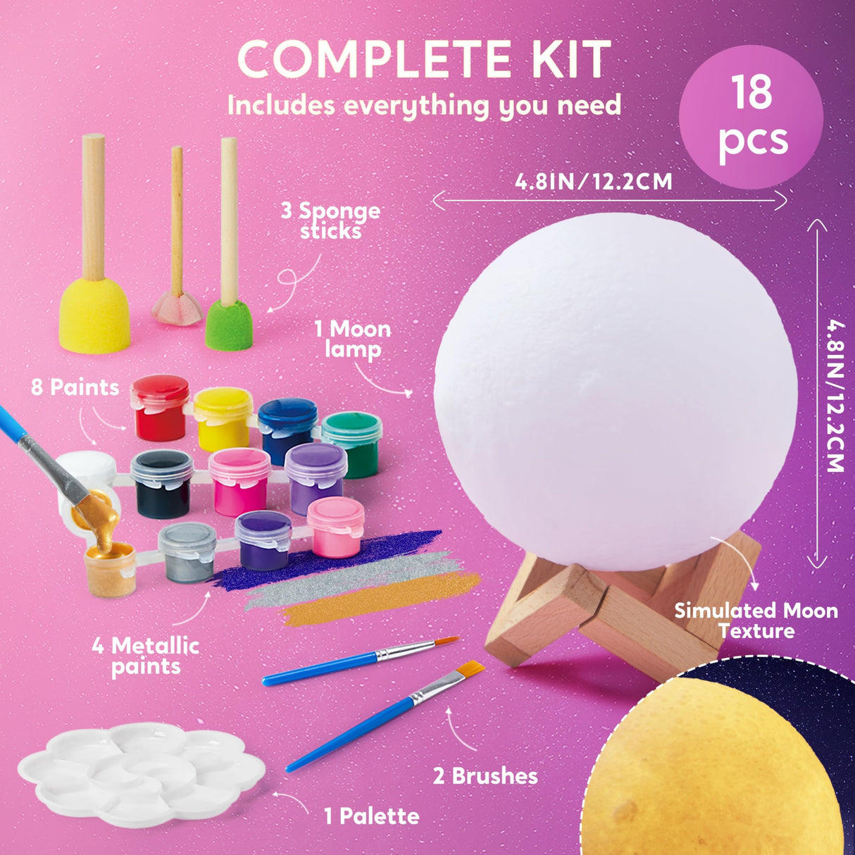 Klever Kits DIY 3D Moon Night Light, Paint Your Own Moon Lamp Kit Galaxy Lamp Arts and Crafts Kit, School Activities, Birthday Gifts for Kids Girls Boys Klever Kits