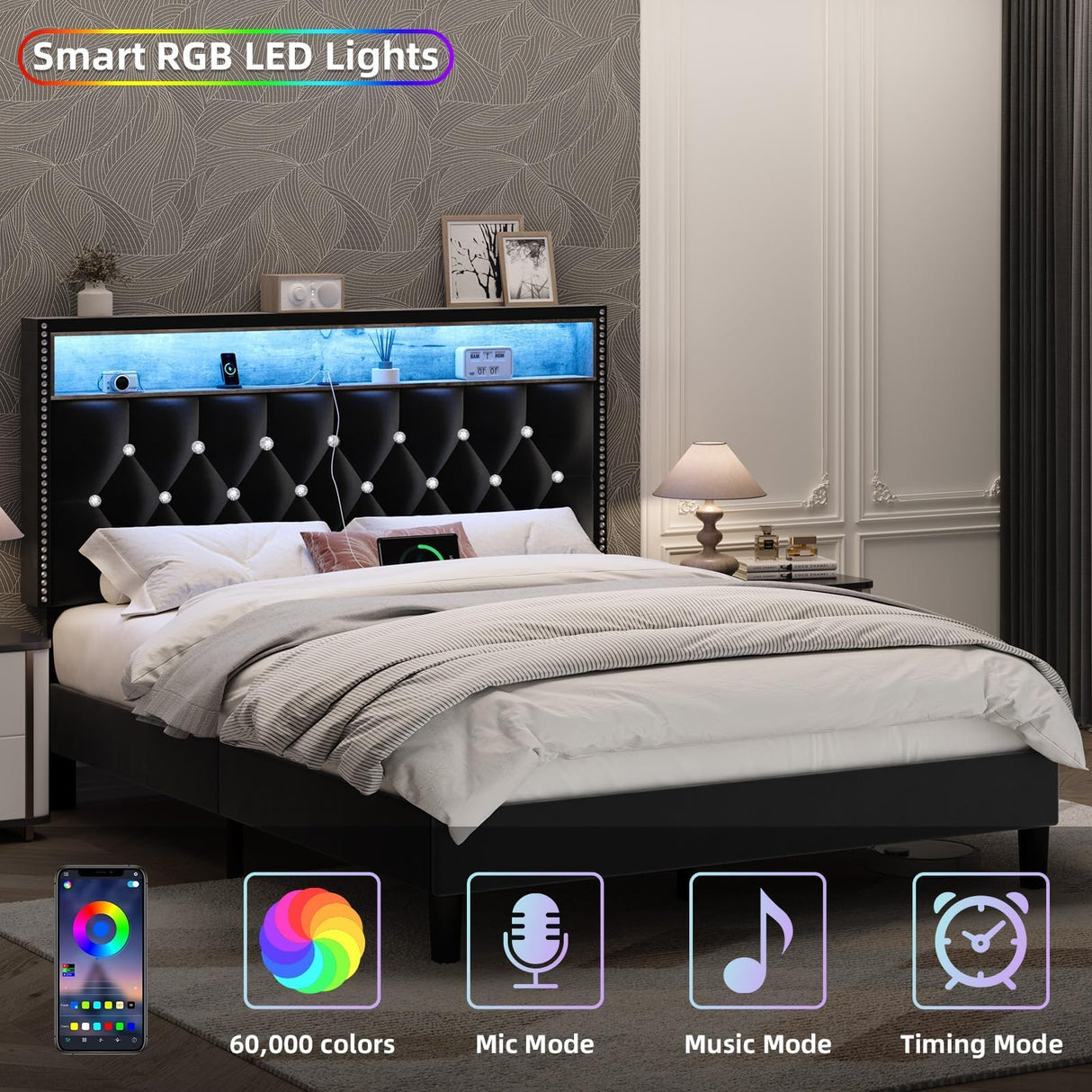 Queen Size Bed Frame with LED Lights and Headboard, Velvet Upholstered Bed Frames Queen with Charging Station and Storage, Modern Diamond and Rivet Design, No Box Spring Needed, Easy Assembly, Black HOMBCK