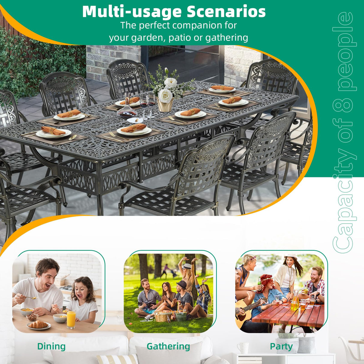 VIVIJASON 94.5" Patio Dining Table for 8-10 People, Large Rectangle Cast Aluminum Dining Table with 2" Umbrella Hole, Weather-Resistant Patio Dining Table for Deck Garden Backyards, Dark Bronze VIVIJASON