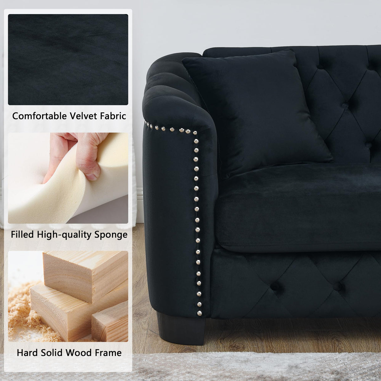 mikibama Modern Chesterfield Velvet Sofa, 77 Inch Sectional Sofa, Luxury 3 Seater Upholstered Tufted Couch with Nailhead Arms and 2 Pillows for Living Room, Bedroom, Apartment(Black) mikibama
