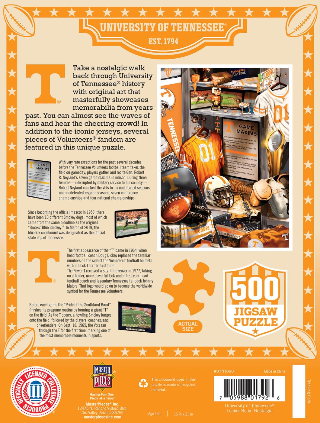 MasterPieces Game Day 500 Piece Jigsaw Puzzle for Adults - NCAA Tennessee Volunteers Locker Room - 15"x21" Masterpieces