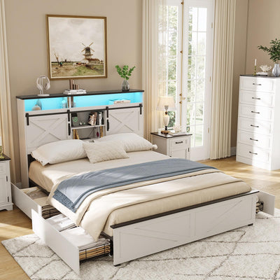 Maupvit Full Size Farmhouse Bed Frame with 4 Drawers and Sliding Barn Door, Storage Shelves, LED Light and Charging Station Metal Platform Bed Frame No Box Spring Needed, White