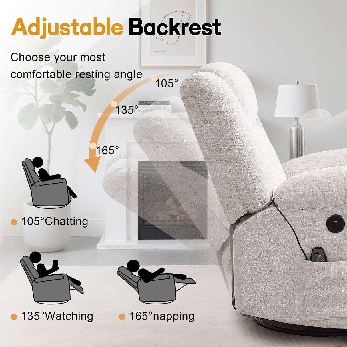 Korser Rocker Recliner, Glider Recliner Chairs for Adults, 360° Swivel Rocking Chair with Massage and Heating, Nursery Chair with Storage and USB Charging for Living Room, Bedroom, Nursery Korser