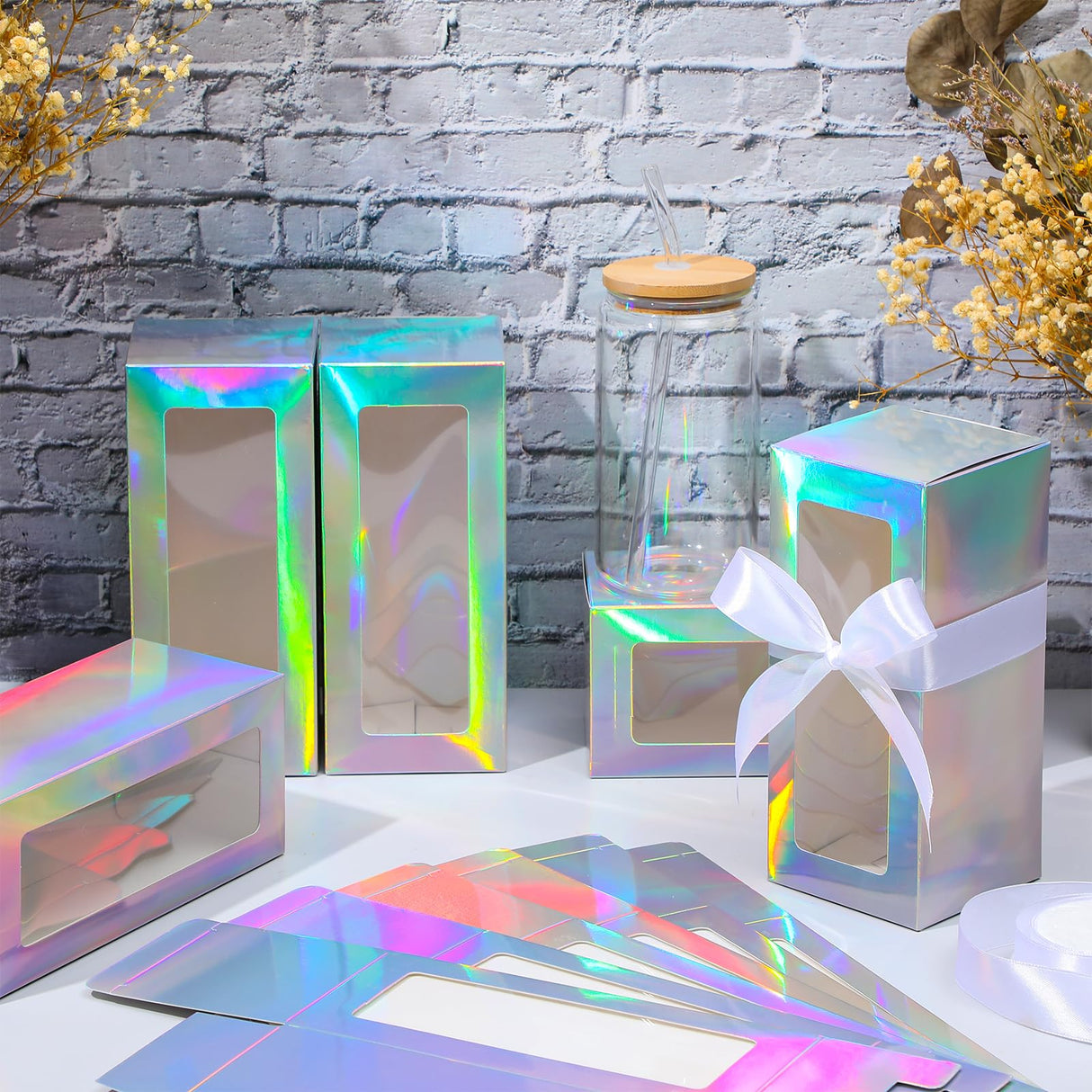 FillTouch 60 Pcs Gift Boxes with Ribbon for Sublimation Glass Exhibition Boxes Transparent Gift Box for 12oz 16oz 20oz Drinking Glasses Jar Sublimation Glass Can Blank Tumbler Gift Box (Laser Color) FillTouch