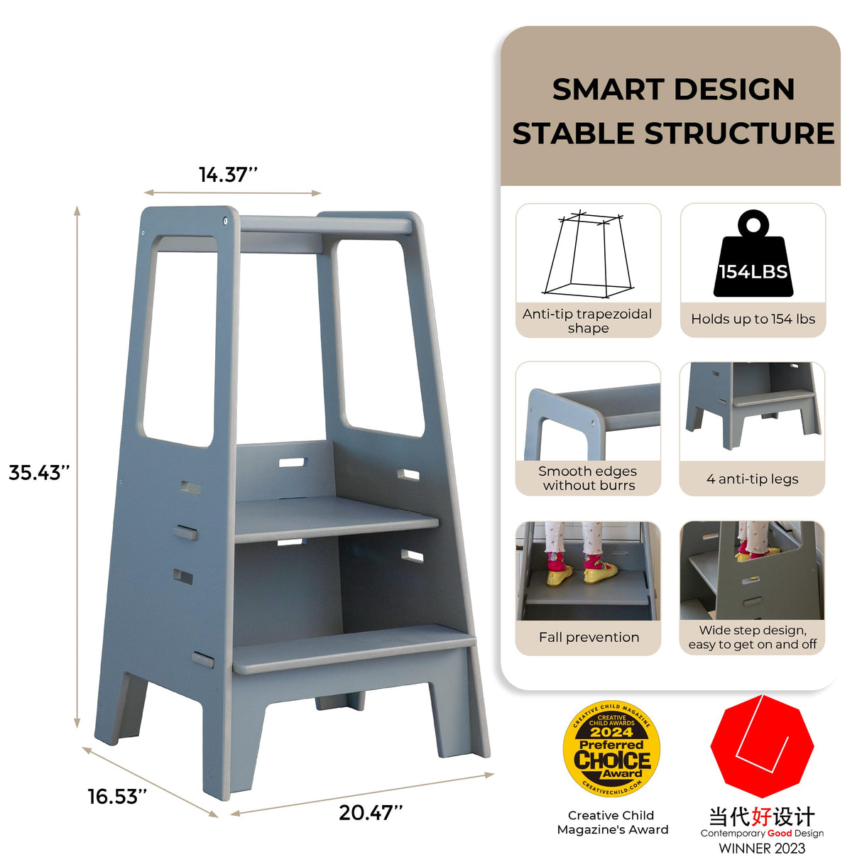 AVDAR Toddler Standing Tower Wooden Toddler Stool for Kitchen Adjustable Toddler Tower, Winner 2023 of Contemporary Good Design, Montessori Kitchen Tools AVDAR
