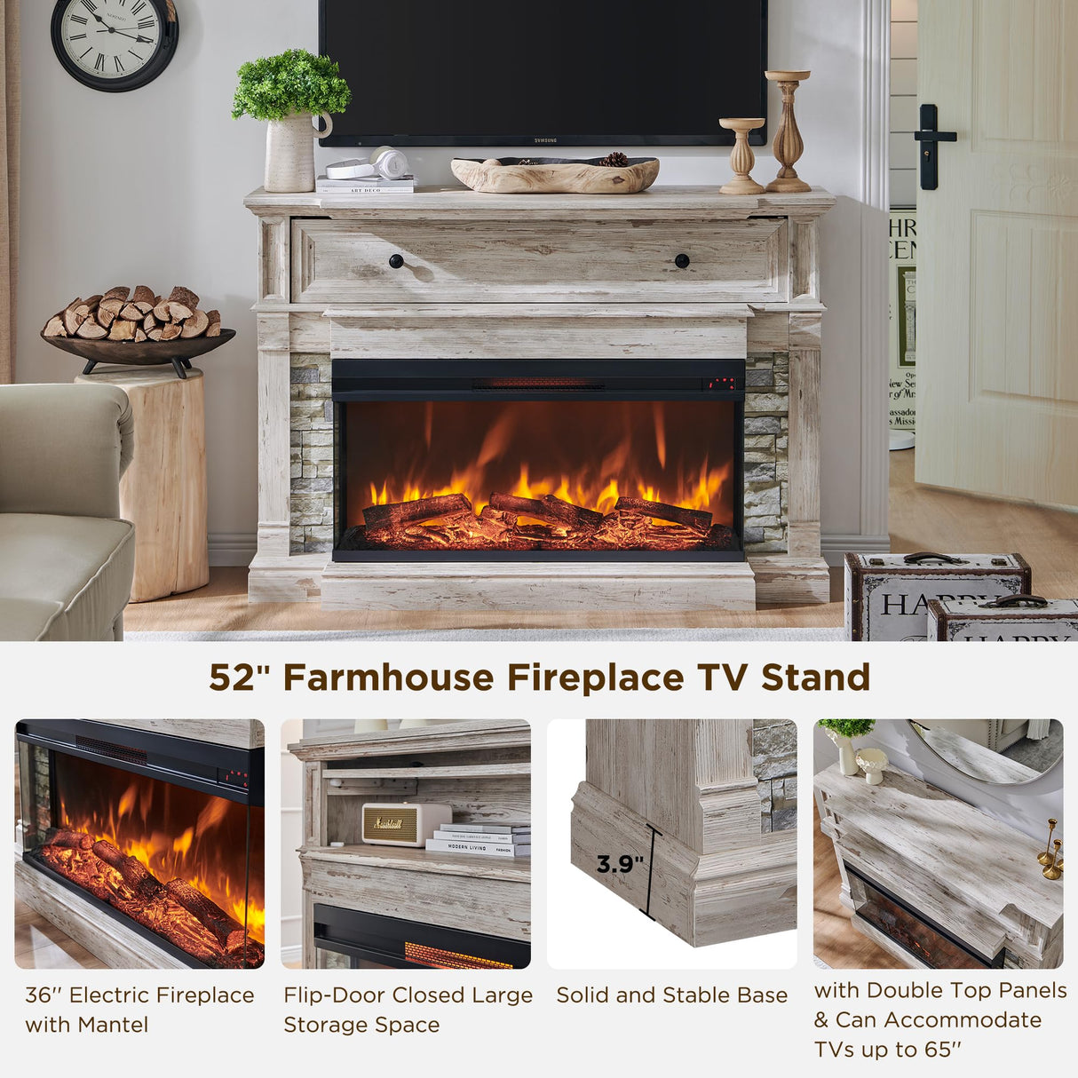 RedLemon Electric Fireplace with Mantel, 3-Sided Glass Farmhouse TV Stand with Fireplace for TVs up to 65", 52" Media Entertainment Center Console with Storage for Living Room, Antique Brush White RedLemon