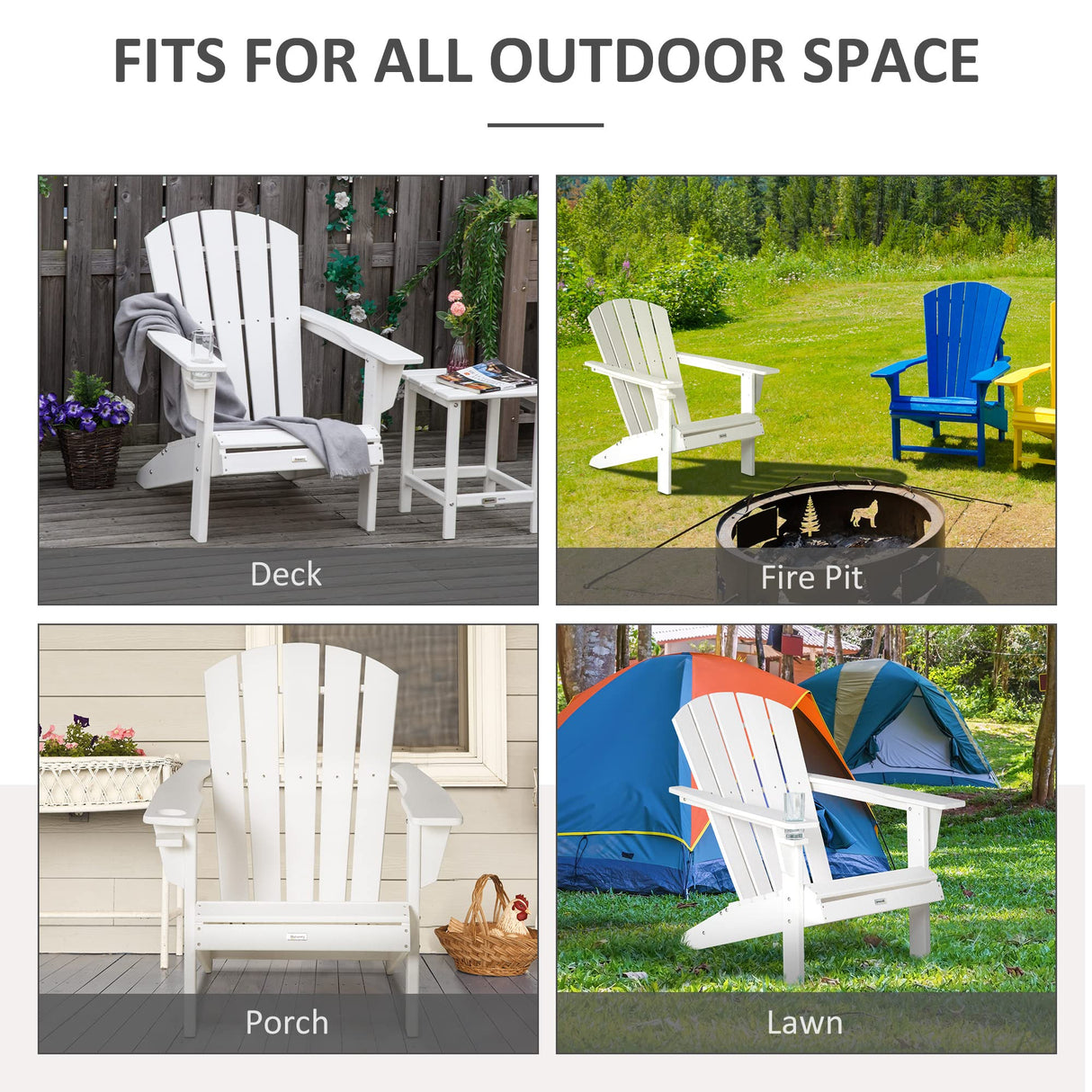 Outsunny Adirondack Chair with Cup Holder, All Weather Patio Chair HDPE Lounger, Fire Pit Seating High Back and Wide Seat for Outdoor, Backyard, Garden, Deck, Lawn, White Outsunny