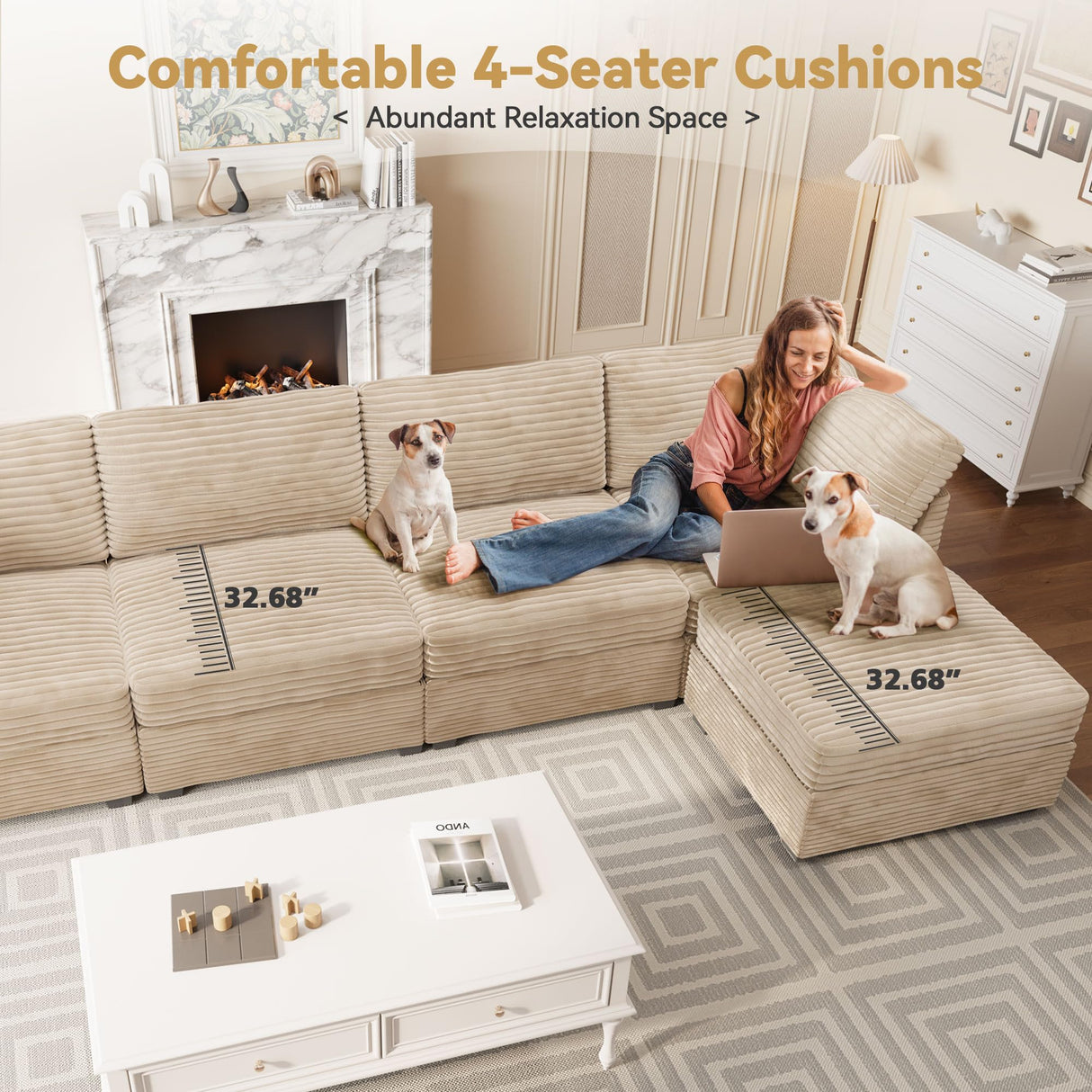 CAODOC Modular Sectional Sofa, 130.7 Inch U Shaped Couch Set for Living Room, 4-Seater Comfy Cloud Couches with Two Movable Ottoman, DIY Combination, Plush Corduroy, Beige CAODOC